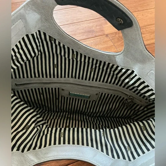 L.A.M.B Metallic Leather Carlisle Foldover Convertible Clutch, Ivory and Gray - Picture 8 of 11